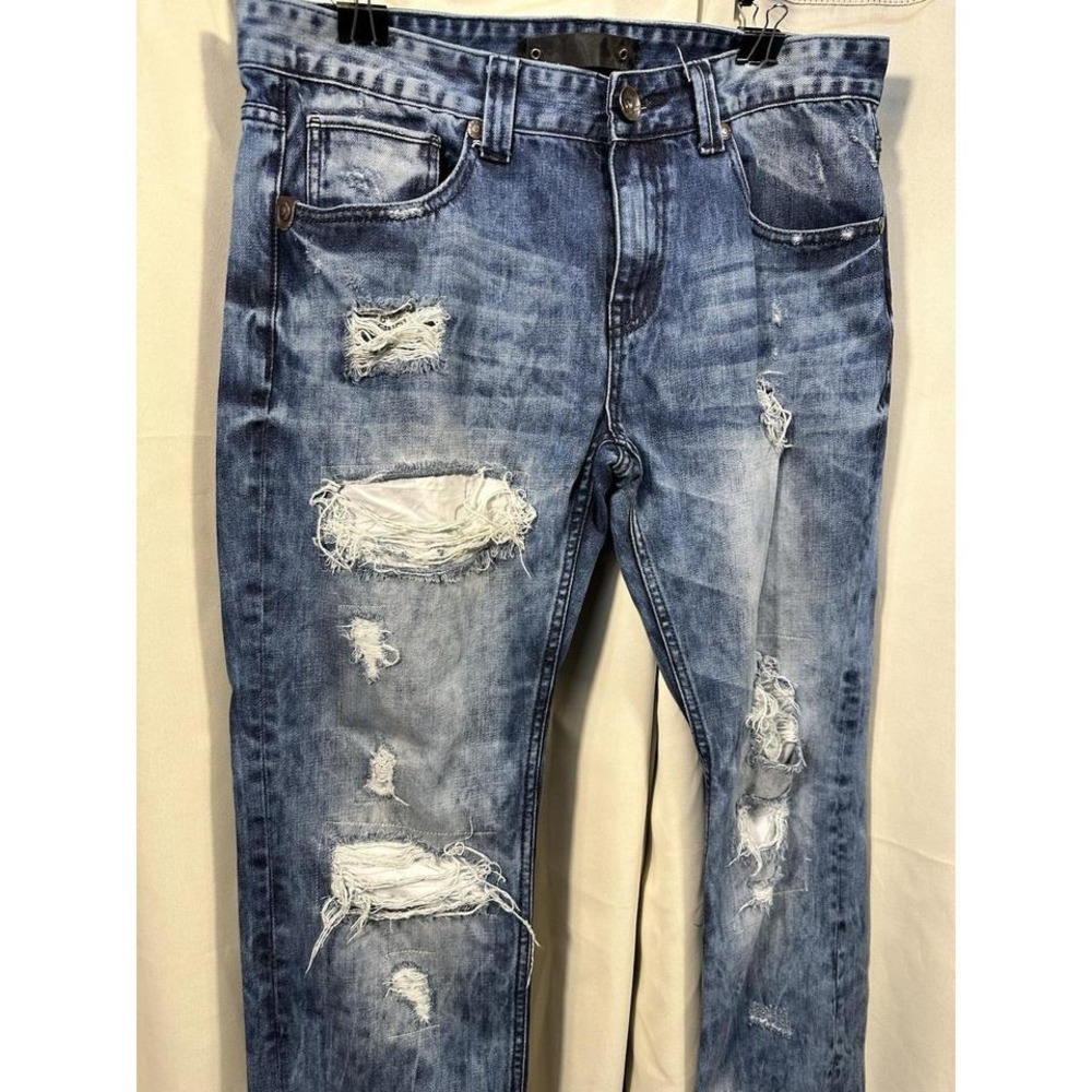 Men's Distressed Blue Wash‎ Denim Jeans Size 36x32 Ripped Slim Fit